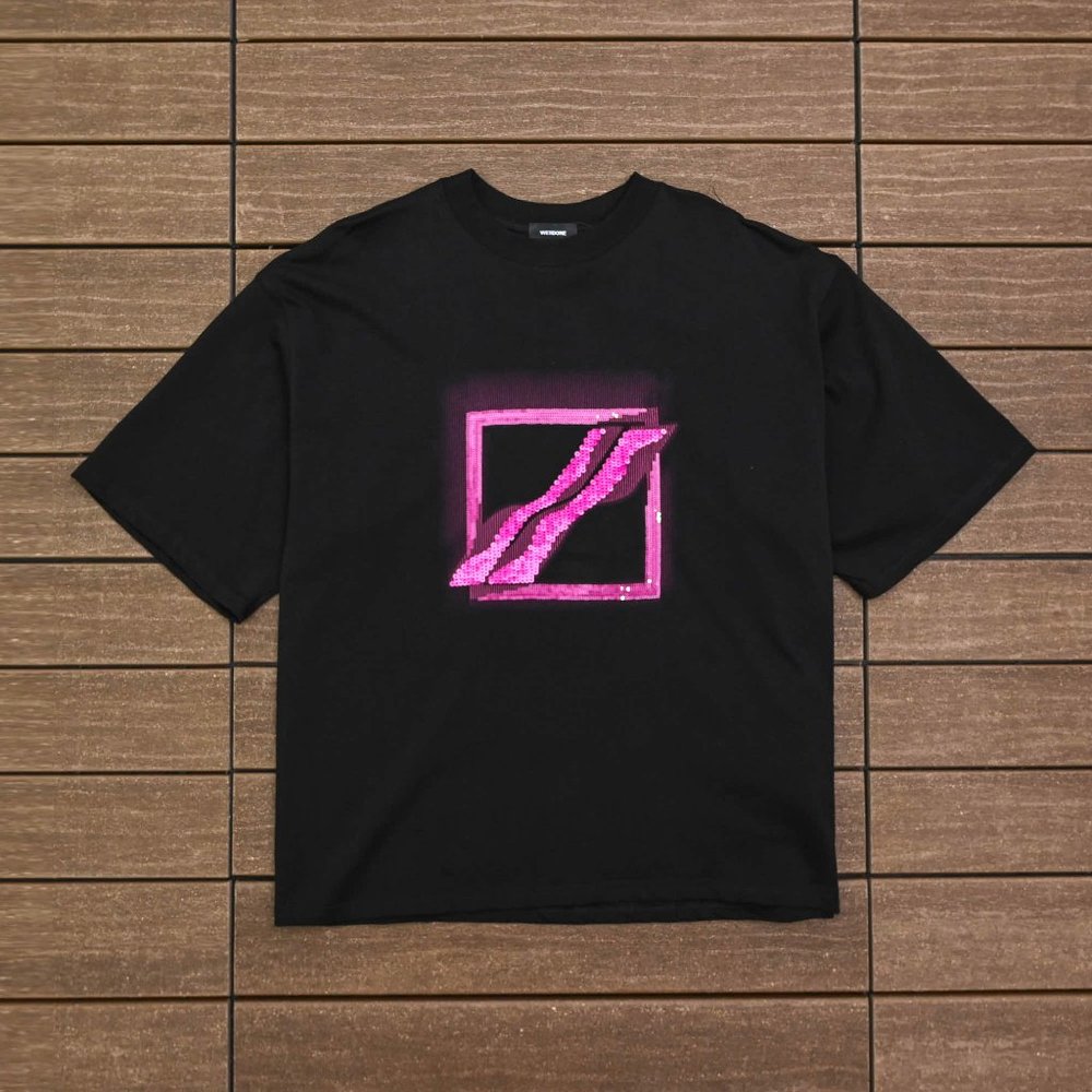 We11 Done Chest Sequined Large Square Logo T Shirt in Black